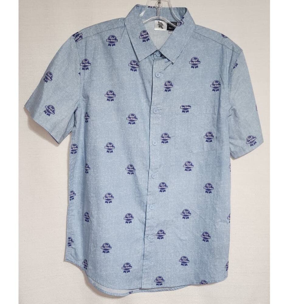 Pabst blue ribbon beer collared button down short sleeve shirt size small